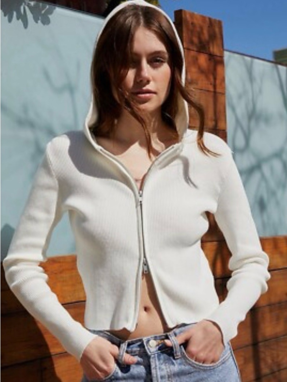 Brandy Melville Arden Cream Ribbed Zip-Up Hooded Top One Size